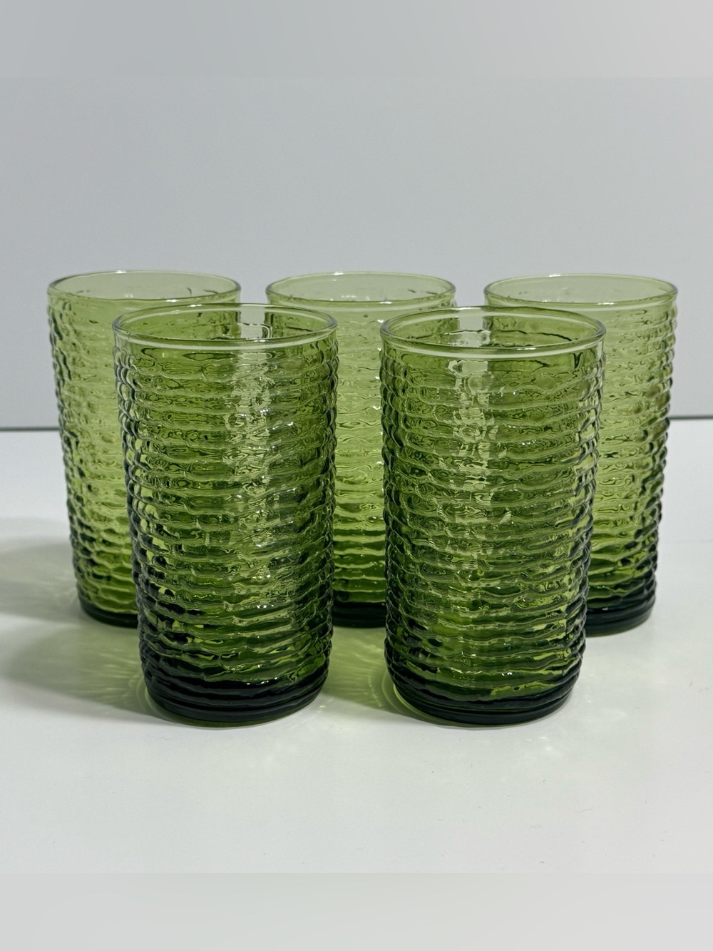 Vtg Anchor Hocking Soreno Avocado Olive Green Highball Tumbler Glasses Set Of 5
